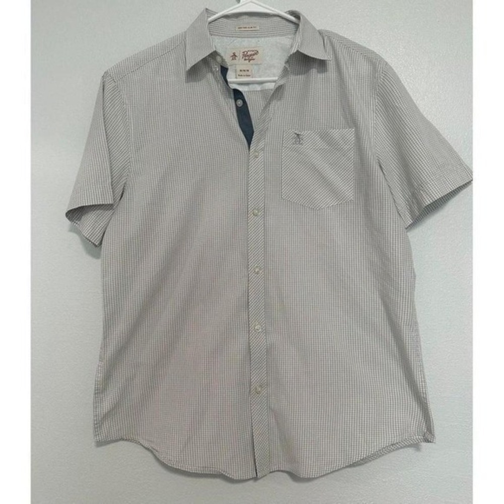 Original Penguin Men's Short Sleeve Button Down Shirt Grey Checkered Pocket Sz M
